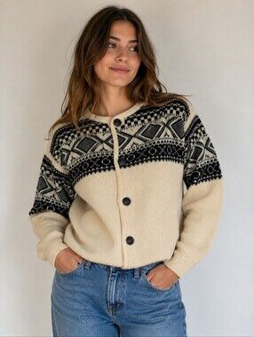 Nordics by Ren-Dale Pure Wool Nordic Print Fair Isle Knit Cardigan Sweater